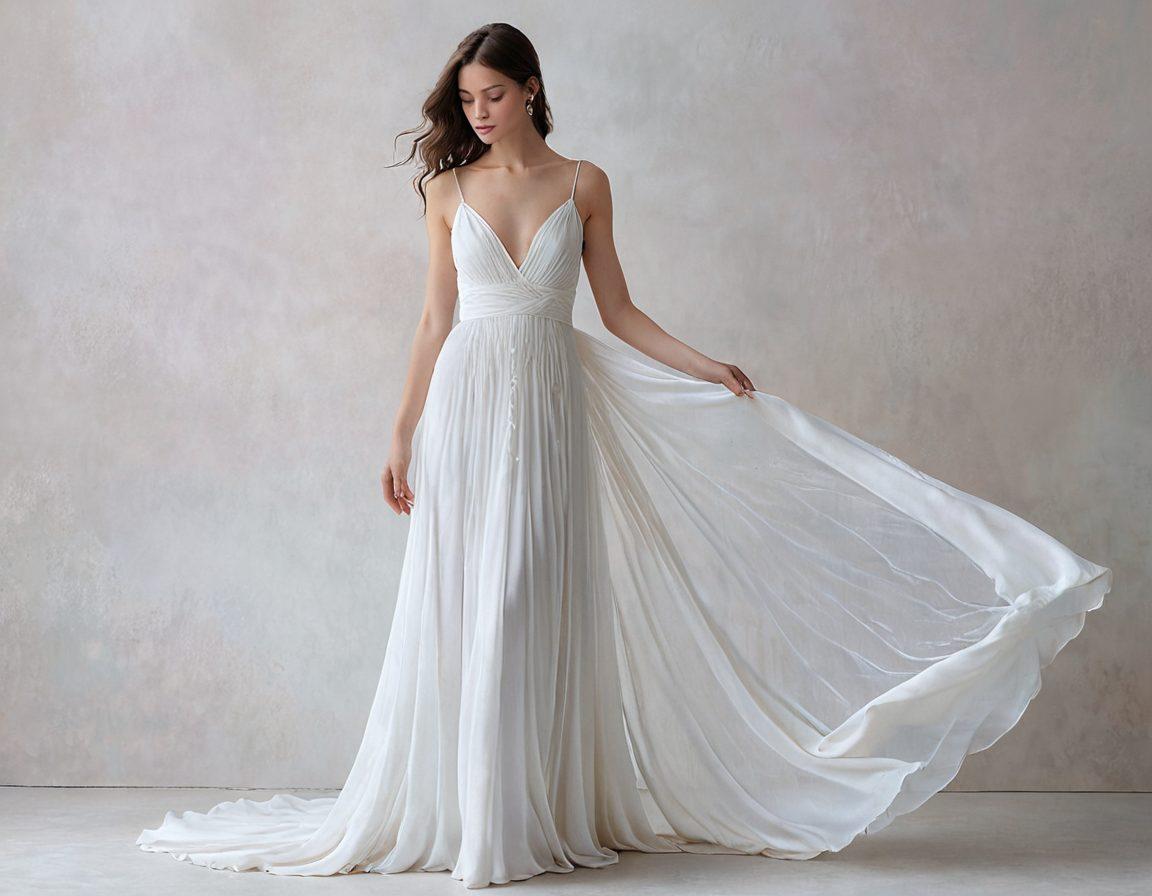 A graceful model adorned in a flowing white gown, standing against a backdrop of soft pastel hues, exuding an aura of elegance and purity. The scene highlights delicate accessories and minimalist fashion elements, emphasizing sophistication and style. Capture the essence of a pure, fashionable look with gentle lighting that enhances the softness of the fabric. ethereal. super-realistic. pastel colors. white background.