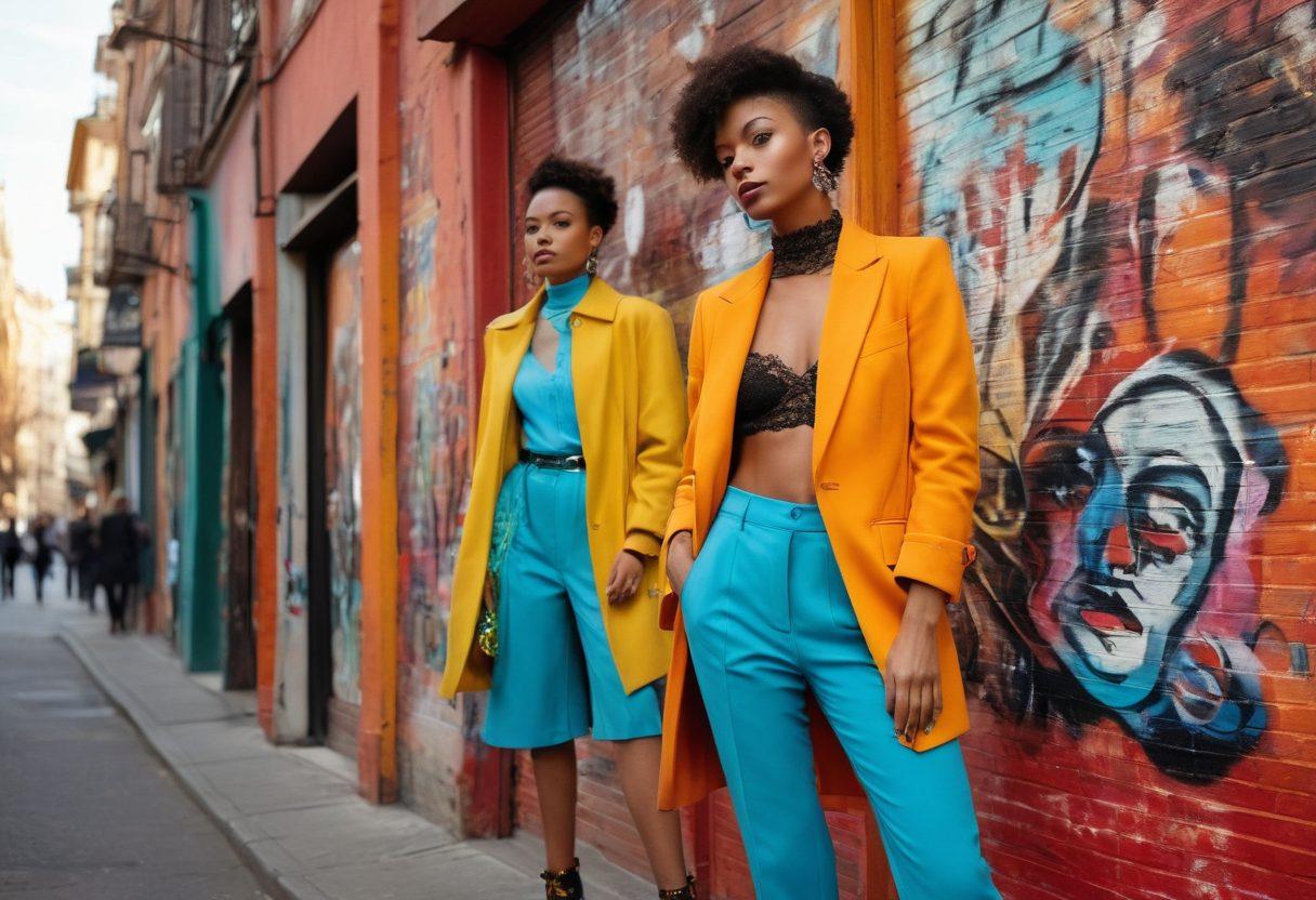A fashionable person standing confidently in a stunning urban setting, showcasing a mix of modern and vintage attire with chic accessories. The background features stylish boutiques and vibrant street art, with warm light illuminating the scene to enhance the aura of elegance and sophistication. Include elements of self-expression through fashion, such as bold colors and unique styles. super-realistic. vibrant colors. urban backdrop.